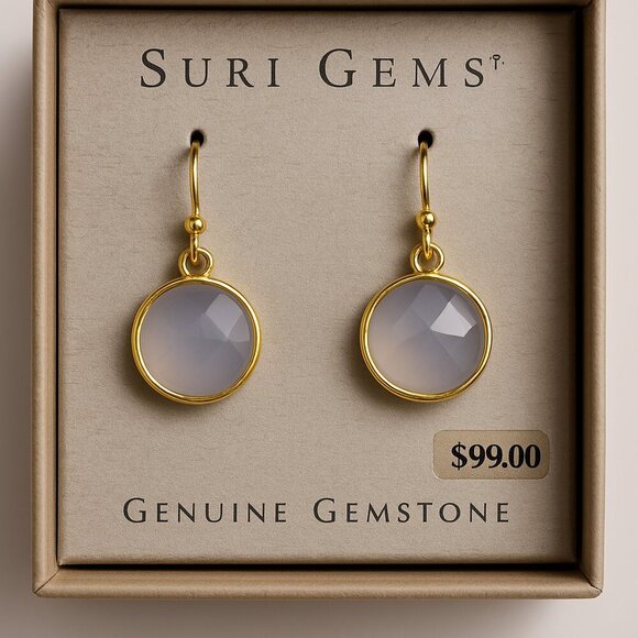 SURI Gems SS 18K Yellow Gold Plate Chalcedony Dangle Earrings - Picture 1 of 4